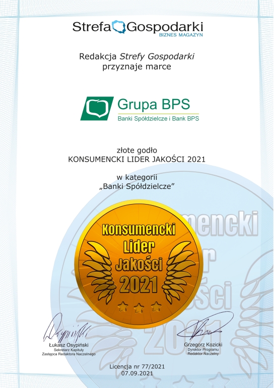 certyfikat dla grupy bps laur konsumencki lider jakosci 2021